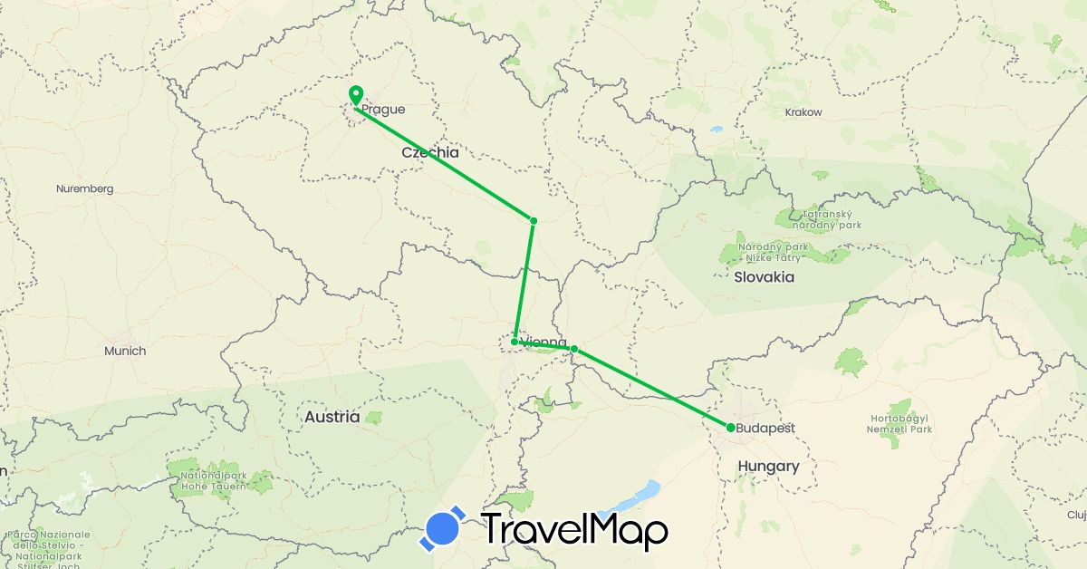 TravelMap itinerary: driving, bus in Austria, Czech Republic, Hungary, Slovakia (Europe)